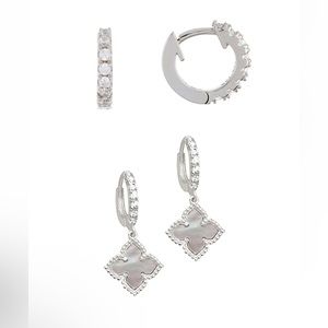 NWOT White MotherOf Pearl Huggie Set Silver